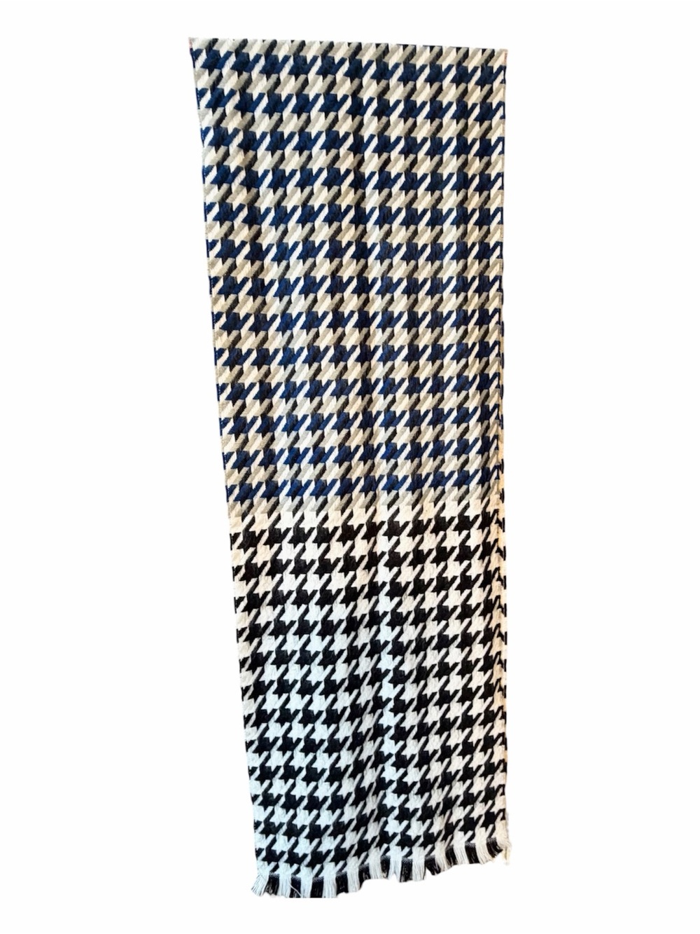 Made in Scotland 100% Cashmere Houndstooth Scarf Black White Blue 70”x12” Fringe - Picture 3 of 7